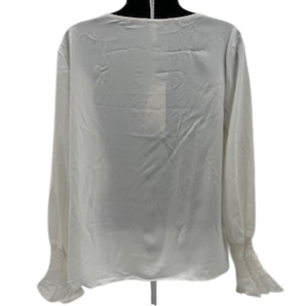Evaless Womens White Asymmetrical Neckline Blouse Smocked Cuff Size M NWT - Picture 5 of 11